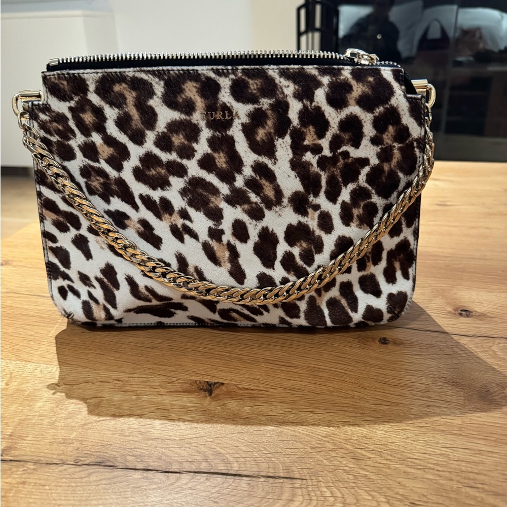 Furla Animal Print Crossbody Bag with Gold Chain & Shoulder Strap